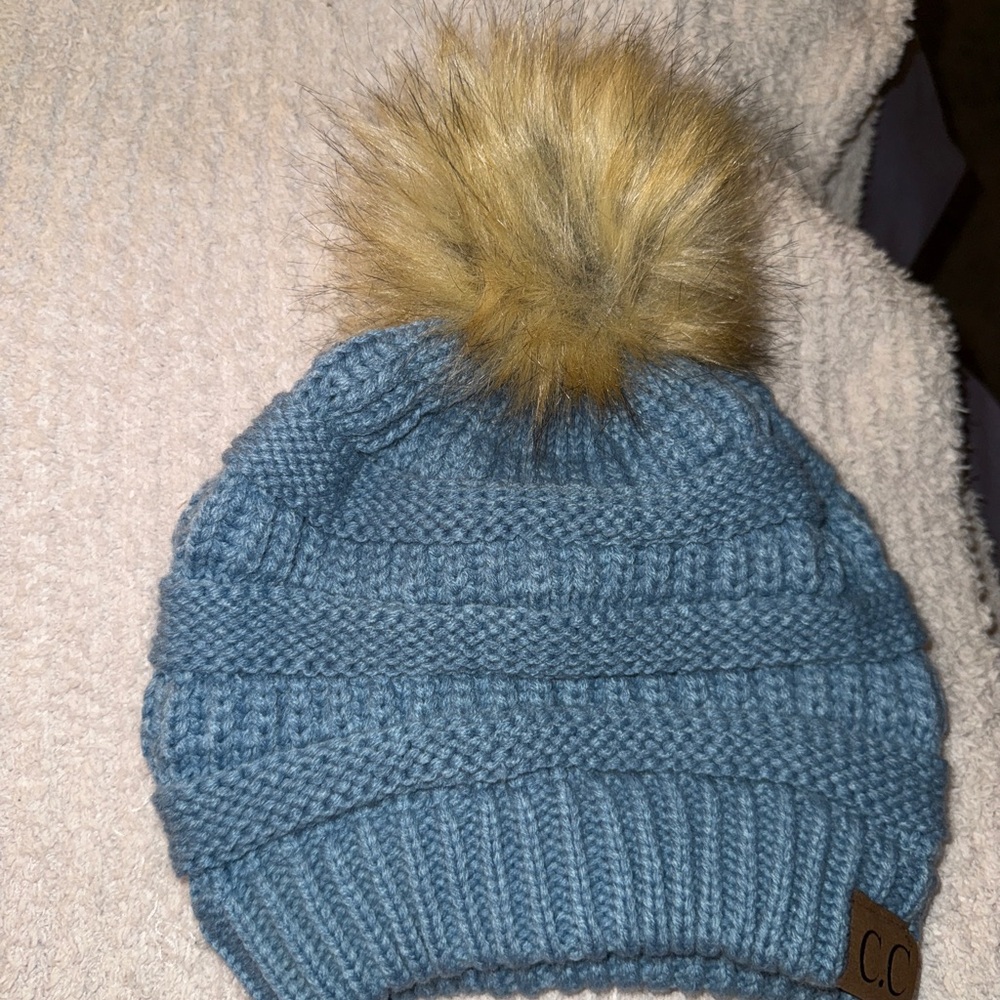C.C K Blue Knit Beanie with Pom - Picture 3 of 7